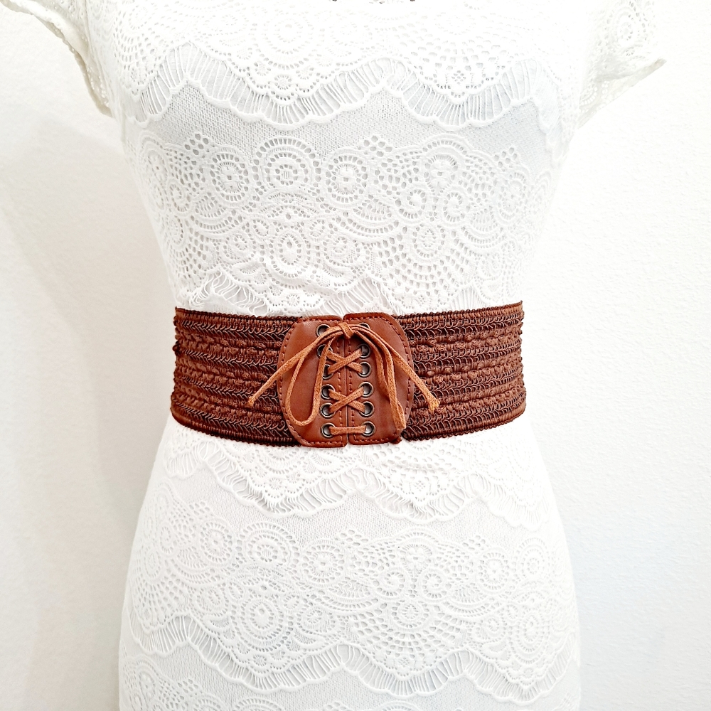 Lace up boho Brown woven corset wide elastic stretch vintage style waist belt - Picture 6 of 14